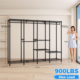 Adjustable Heavy Duty Clothes Rack, Multifunctional Metal Garment Rack with Shelves, Clothing Racks for Hanging Clothes Freestanding Wire Wardrobe Closet, 76.8" L x 17.1" W x 77" H, Max Load 900lbs