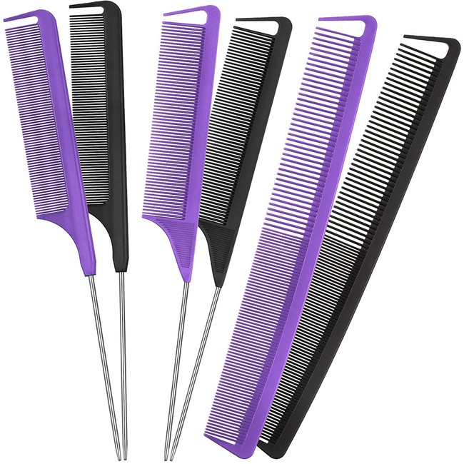 6 Pieces Parting Comb Rat Tail Hair Comb Cutting Comb Set Pintail Comb Carbon Fiber Teasing Comb Styling Comb with Stainless Steel Handle for Braids Salon Home Supplies (Black, Purple)