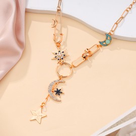 MILAKOO Moon & Star Necklace for Women Paperclip Link Pendant Necklace Boho Layering Necklace for Evening Party