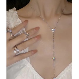 wekicici Long Rhinestone Necklace Y Teardrop Necklace Sparkly Crystal Tassel Pendant Long Chain Silver Necklace for Women Girls