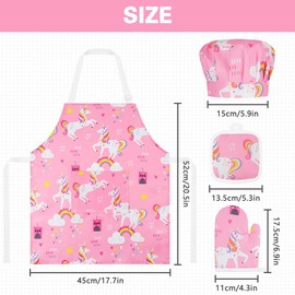 ABOHU Children's Apron and Chef's Hat Set, Adjustable Children's Cooking Apron with Pockets, Children's Apron for Painting, Kitchen Apron, Craft Aprons for 2-6 Years, Boys and Girls, 4 Pieces - Pink