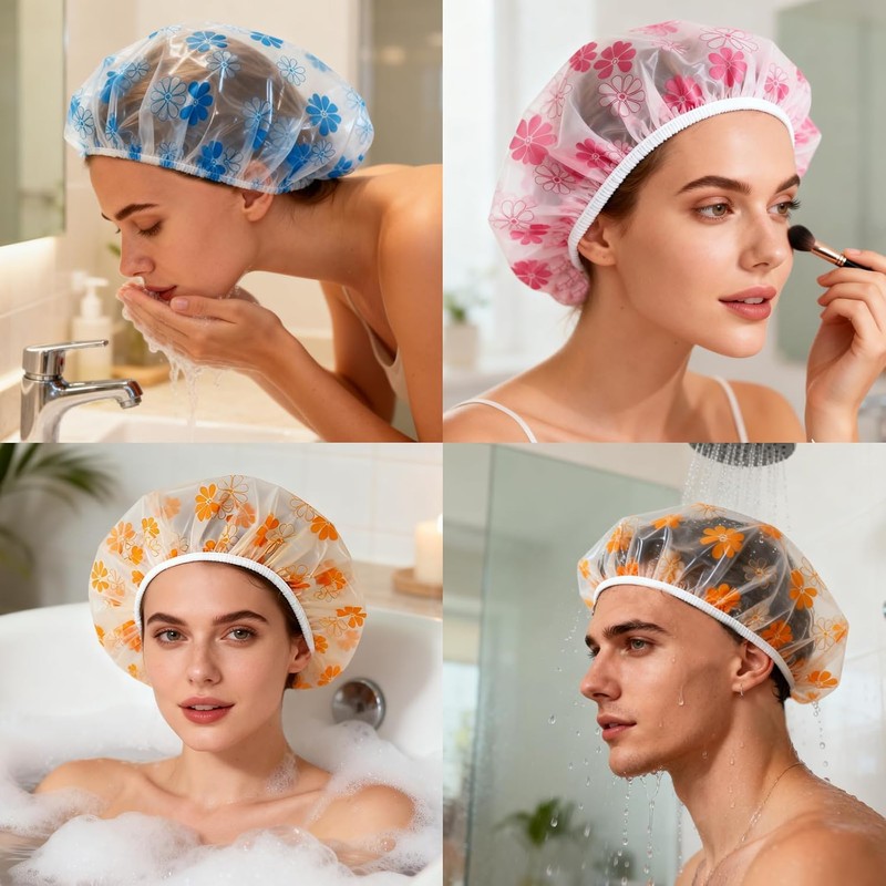 3 Gorros de Ducha Impermeables Elásticos Rojo Azul Amarillo Mujer