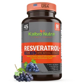 Kaibro Nutra Resveratrol Supplement, 1500mg Extra Strength Trans Resveratrol, Quercetin with Japanese Knotweed Extracts, Anti-Aging, Radiant Skin and Immunity Support, Vegan & Non-GMO, 90 Capsules