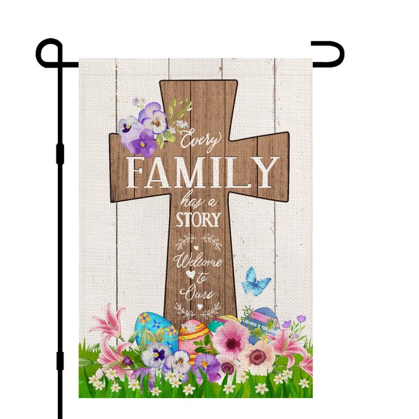 Welcome Easter Cross Religious Decorative Garden Flag Burlap 12x18 Double