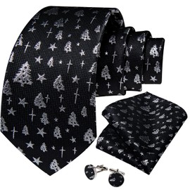 DiBanGu Christmas Black White Tie for Men Festival Necktie and Pocket Square Cufflinks Set