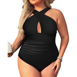 Daci Womens Front Cross Plus Size One Piece Swimsuits Tummy Control Keyhole Bathing Suits Swimwear, Black, 24 Plus