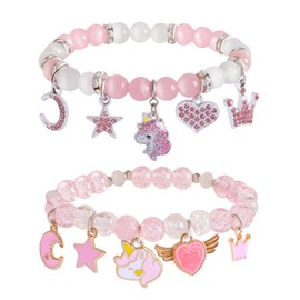 JIANZHEN Kawaii Pink Unicorn Bracelet Stuff Crystal Bead Matching Bracelets Elastic Friendship Bracelets Birthday Christmas Jewelry Gifts for Women Girlfriend Best Friend Sister