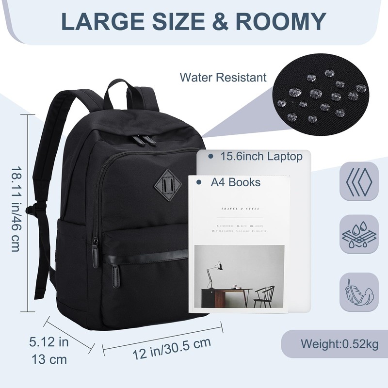 RAVUO Backpack for Men, Water Resistant Black School Backpacks Large