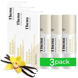 THENA Natural Wellness Bálsamo labial orgánico e hidratante para labios agrietados y muy secos, tratamiento labial de reparación de barrera para labios secos agrietados con manteca de karité y vainilla, terapia hidratante, paquete de 3, mujeres y hombres