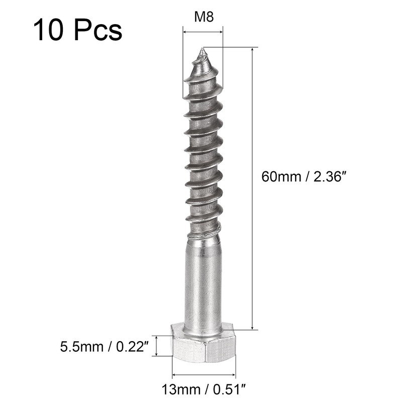 sourcing map Hex Lag Screws, M8 x 60mm 304 Stainless