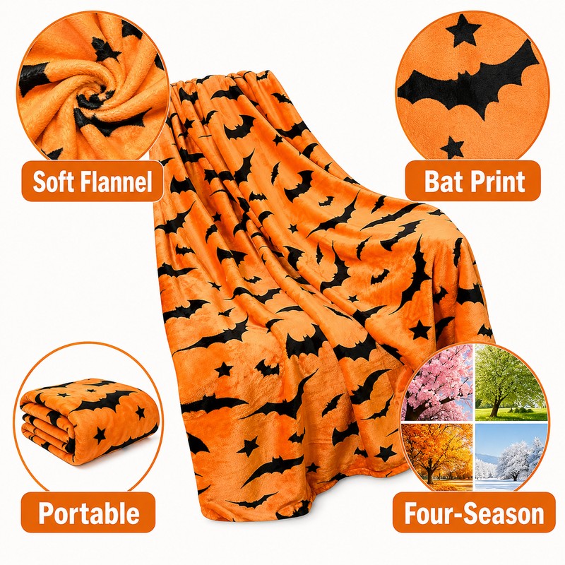 Black Bat Print Flannel Throw Blanket – Soft Lightweight Blanket