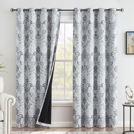 Metro Parlor 100 Blackout Curtains 96 Inches Long 2 Panels for Living Room Bedroom Grey Damask Floral Farmhous Patterned Room Darkening Thermal Insulated Grommet Top Window Treatment Drapes,52x96