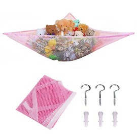 ShopHut Toy Hammock Organizer for Stuffed Toys Mesh Net - Sturdy Wall Sling Toy Organizer – With Hooks (Pink)