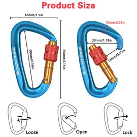 Flintronic Locking Carabiner, 12KN Heavy Duty Locking Carabiner Clips, Aluminum Alloy Clip, 2PCS Carabiner D Ring Clip Hook for Hammock Swing Camping Fishing Hiking (Blue)