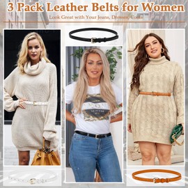 Etercycle 3 Pack Thin Belts for Women, Fashion Ladies Belt for Jeans Dress Pants, Trendy Black Brown White Faux Leather Waist Belt With Gold Buckle 0.65" Width