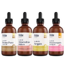 Hebbe - KIT de Aceites Puros de Ricino, Almendras, Argán y Rosa Mosqueta 100% Puros, Hidratante y Nutritivo para Piel y Cabello, 400 ml