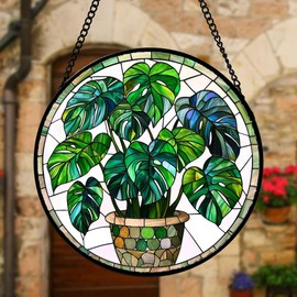 DASTOLL Stained Glass Window Hanging, Green Plant Monstera t Suncatcher Diamond Colorful Glass Panel Sun Catchers Decor for Birthday for Women, Men, Wife, Aunt, and Mom 11.8x11.8 in