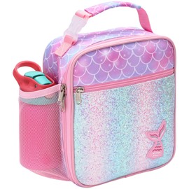 Bagseri Insulated Lunch Bag for Kids - Cute Cooler Bag for Girls with Bottle Holder, Leakproof Lunch Box Waterproof Lunch Bag for Picnic Schools, Glitter Pink Mermaid
