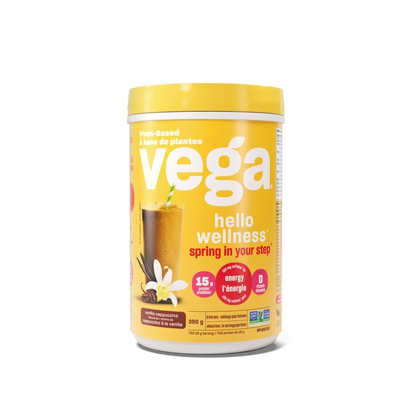 Vega Hello Wellness Spring in Your Step Protein Powder, Vanilla Cappuccino (14 Servings) Plant Based Vegan Protein Powder, 100mg Caffeine, Vitamin D, 390g (Packaging May Vary)