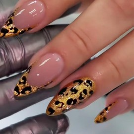 24Pcs Leopard French Tip Press on Nails Medium Almond - WLGDLH Fake Nails Nude Pink False Nails Press ons Full Cover Fall Nail Tips with Gold Leopard Print Design Acrylic Nail Kit for Women