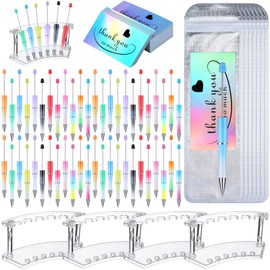 Tenceur 148 Pcs Beadable Pen Set Back to School Gift 48 Plastic Beadable Pen 48 Resealable Pouch Bag 48 Thank You Cards 4 Pcs Plastic Pen Holder Clear Display Stand for Student(Gradient Color)