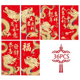 36Pcs Chinese New Year Red Envelopes 2024 Chinese Red Envelopes,Chinese Hong Bao Red Packets,Lunar New Year of the Dragon Envelope Lucky Money Envelopes for Spring Festival Birthday Wedding