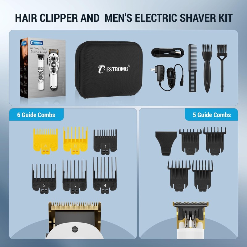BESTBOMG® Hair Clippers & Trimmer Ceramic T-Blade Cordless Haircut Sets