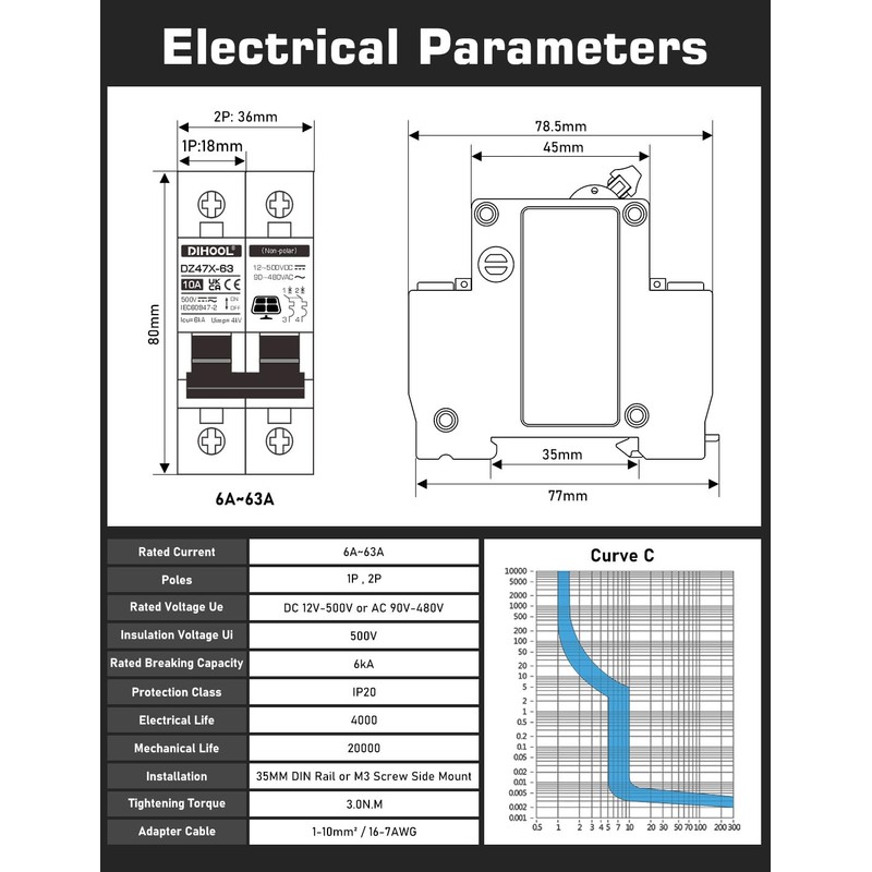 DIHOOL Solar Disconnect Switch, 30 Amp 2 Pole, DIN Rail