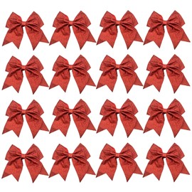 chiduerm 16Pcs Cheerleading Bows 8 Inch Large Cheer Hair Bows Grosgrain Ribbon Elastic Bands Handmade Ponytail Holder for Cheerleading Girls School College Sports (Glitter Red)