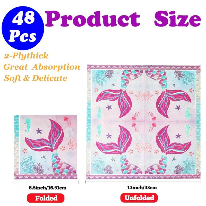 Mermaid Birthday Paper Napkins, 48Pcs, 6.5in