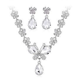 Octwine Crystal Rhinestones Butterfly Bridal Necklace Earrings Set Jewelry Set for Women Necklace Dangle Earrings Set Wedding Party Jewelry for Women (Butterfly)
