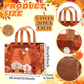 Abbylike 100 Pack Fall Thanksgiving Gift Tote Bags Bulk Large Non-woven Grocery Bags with Handles Reusable Turkey Pumpkin Autumn Thanksgiving Party Favor Supplies, 12.8 x 9.8 x 6.7 Inch