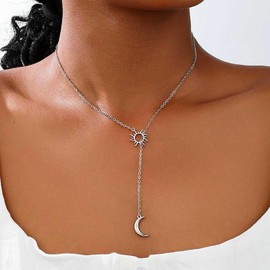 Andelaisi Boho Sun Moon Pendant Necklace Vintage Sun Y Lariat Necklace Silver Moon Dangle Necklace Adjustable Hollow Sun Choker Necklace Jewelry for Women