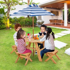 KOTEK Kids Picnic Table, Fir Wood Foldable Toddler Octagon Table and Chairs with Height Adjustable Umbrella, Indoor Children Art Play Table, Activity Kids Outdoor Table for Backyard & Patio (Natural)