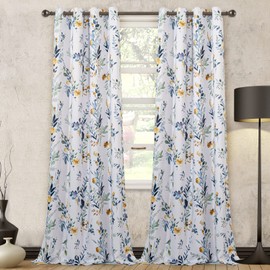 MYSKY HOME Floral Blackout Curtains 95 inches Long Set of 2 Panels Printed Flower Leaves Grommet Thermal Insulated Room Darkening Curtains for Living Room, Bedroom, Yellow and Blue