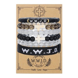 Pingyongchang W.W.J.D. Cross Bracelets Set for Women Men Boho Clay Glass Beaded Stackable Stretch Bracelets What Wound Jesus Do Bracelet Christian Religious Faith Jewelry Gift-Black