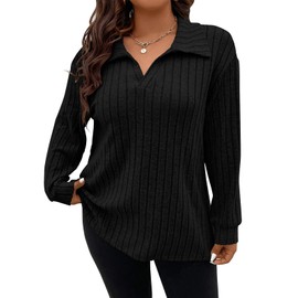 Gemulate Large Women's Jumpers Tops Ladies Plus Size Jumpers UK Christmas Ladies Plus Size Jumpers UK Casual V Neck Sweaters Polo Neck Sweatshirts Black 3XL
