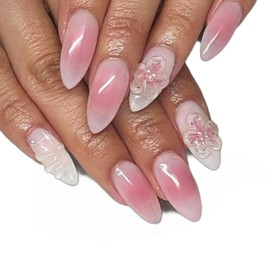 30PCS Peach Blossom Press On Nails - Medium Long False Nails Kit | Waterproof Nail Stickers for Women, Salon Style at Home (Ombre Floral Design)