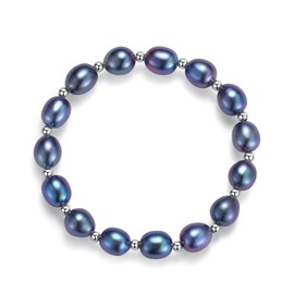 BAMIKI 8-9 MM Freshwater Cultured Black Baroque Pearl Bracelet, Sterling Silver Beaded Stretch Bracelet 7 Inch Everyday Jewelry for Women Wife Mother