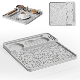 Espresso Tamping Mat, Silicone Coffee Bar Mat for Countertop, Non-Slip Coffee Tamper Mat with Coffee Bean Texture, Heat Resistant Espresso Station Organizer for Portafilter, 10.19" x 9.44", Grey