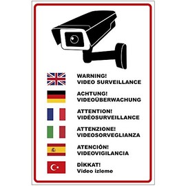 Sign "Achtung Videoüberwachung" in Multiple Languages Aluminium / Dibond 200 x 300 mm - 3 mm Thick