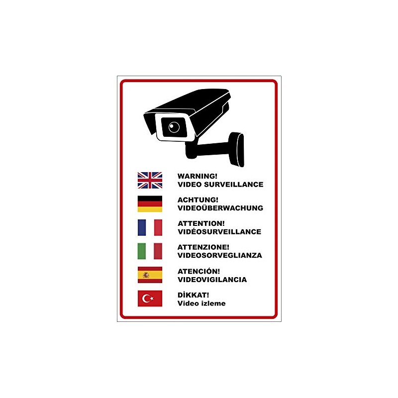 Sign "Achtung Videoüberwachung" in Multiple Languages Aluminium / Dibond 200