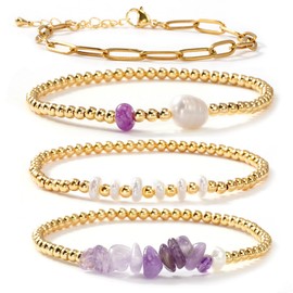 SHINUS BOHO Paperclip Crystal Gemstone 18K Gold Amethyst Purple Quartz Beaded Stack Bracelets Sets for Women,Charm Bohemian Stackable Natural Stone Pearl Bracelet Healing Stretch Trendy Gifts