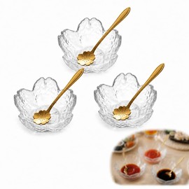 Sakura Shape Clear DipClear Blossom Glass Dip Bowls 6 Pcs Total, 3 Bowls and 3 Gold-Tone Sakura Spoons,1.5 oz Soy Sauce Dishes for Dipping Sauce, Condiments, Sushi, Snacksping Dishs (Clear-3pcs+spoon)