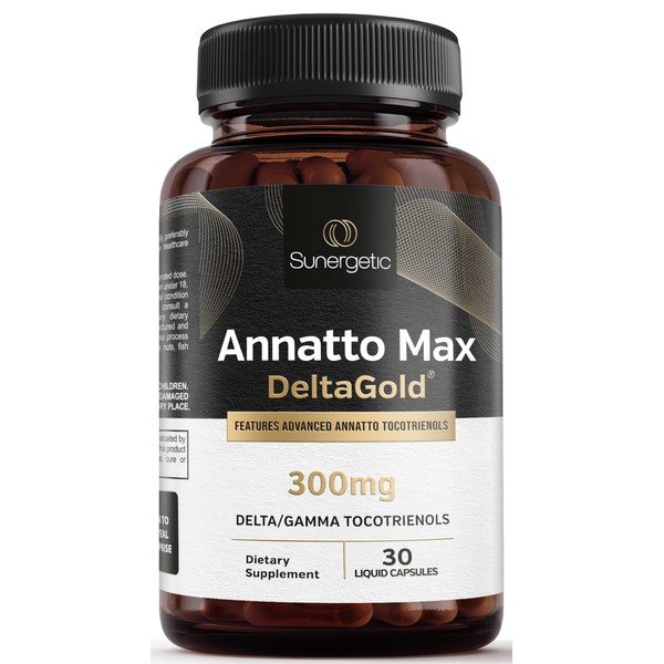 Sunergetic Premium Annatto Tocotrienol Supplement – with DeltaGold – Tocotrienols Vitamin E 300 mg – Supports Liver, Immune & Heart Health - Delta + Gamma Tocotrienols (30 Liquid Capsules)
