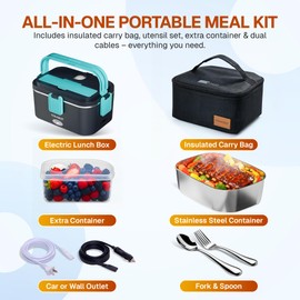 FORABEST Heated Lunch Box, 80W Electric Lunch Box for Adults, Portable Food Warmer with XL 1.8L Stainless Steel Container, Utensils, Carry Bag & Leakproof Lid, 12V/24V Car/Truck & 110/120V Home/Office