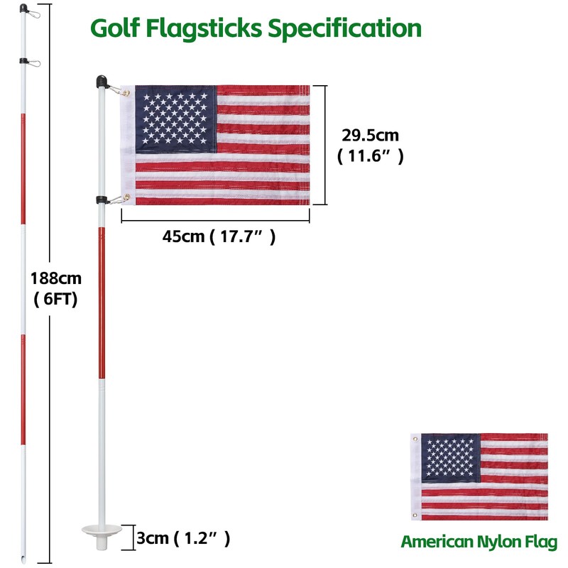 Golf Flagstick 6ft, Double-Side American Flag for Putting Green, Portable