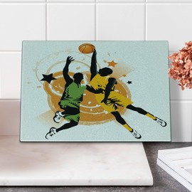 Ambesonne Basketball Cutting Board, Image of Two Basketball Players in A Heated Game Rings Stars in the Background, Decorative Tempered Glass Cutting and Serving Board, Small Size, Orange Green