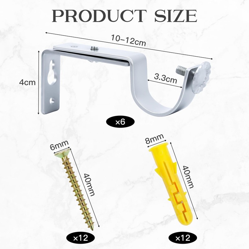 Scettar 6 Pcs Curtain Pole Brackets, Scettar Adjustable Silver Curtain