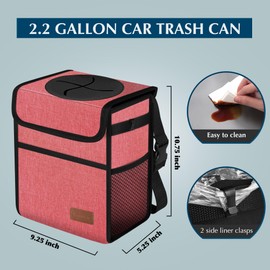 Femuar Car Trash Can Leak Proof Car Trash Bag Waterproof Car Garbage Can with Lid for SUV Front Seat Multipurpose Car Hanging for Headrest Collapsible and Portable with Storage Mesh Pocket, Pink